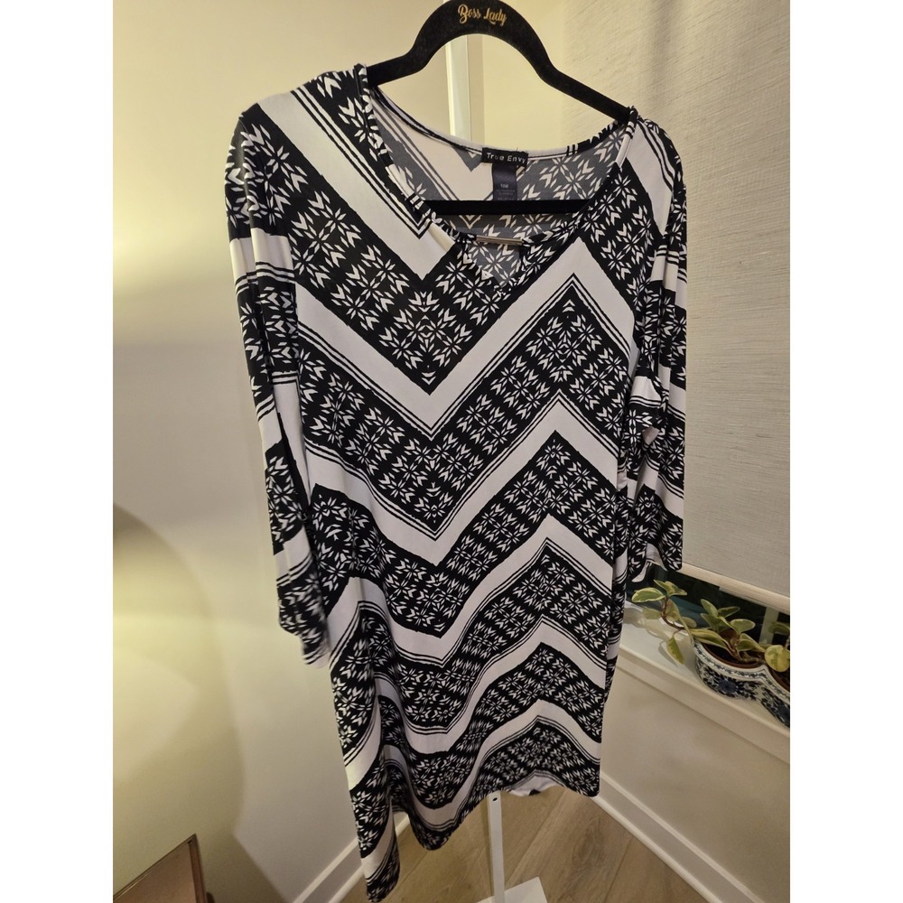 Womens Black White 3/4 Sleeve Chevron Print Stretch Dress 18W Boho Career Casual - Picture 15 of 16